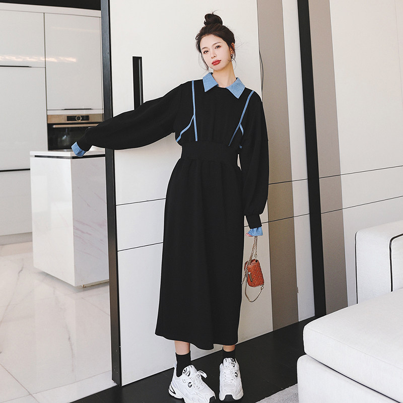 设计感拼接黑色卫衣连衣裙女春季2025新款别致独特收腰显瘦长裙子图片