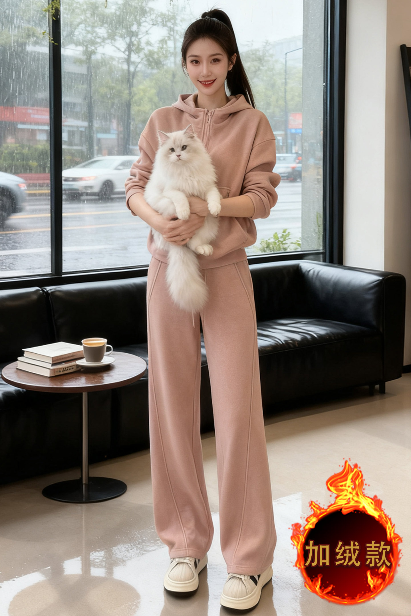 时尚运动风加绒套装女秋冬高级感加厚连帽卫衣高腰阔腿长裤两件套,女装套装/套裙,2C310