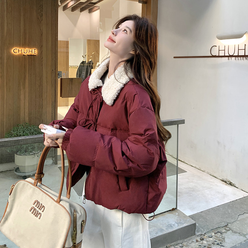 韩版甜美减龄短款羽绒服女2025冬季新款显瘦加厚酒红色白鸭绒外套图片