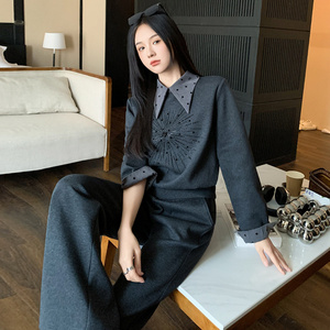 女春高级感拼接色烫钻订珠卫衣阔腿裤两件套图片