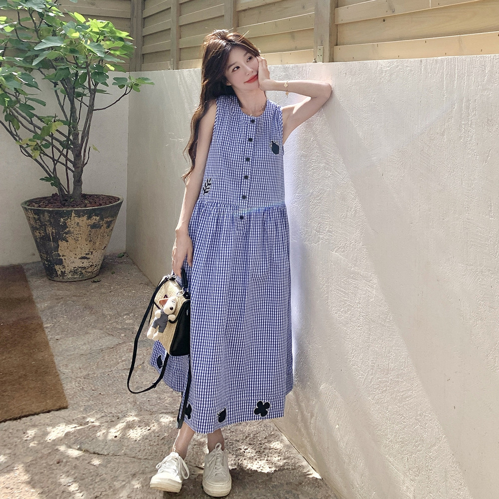 甜美蓝色格子无袖背心连衣裙女夏季2025新款独特漂亮大方得体裙子,女装连衣裙,2B237