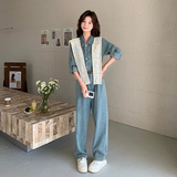 新品蕾丝花边披肩拼接韩系牛仔连体阔腿裤5856-P155-K228，女装连体裤，2C159