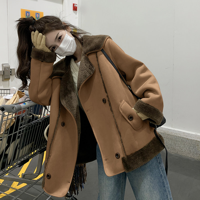 现货翻领羊羔毛皮毛一体加厚外套2525-P195-K288,女装派克服,2C159