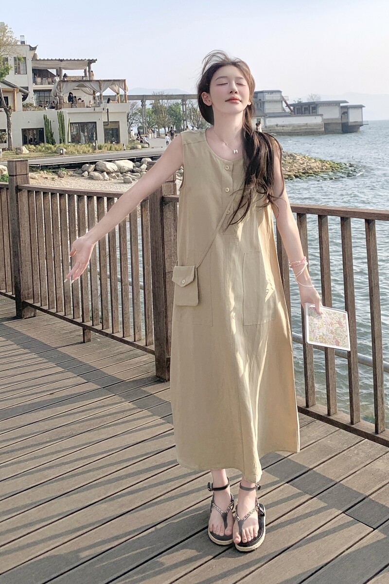 法式慵懒风海边度假高级感连衣裙女2025年夏季新款无袖宽松背心裙,女装连衣裙,2C215