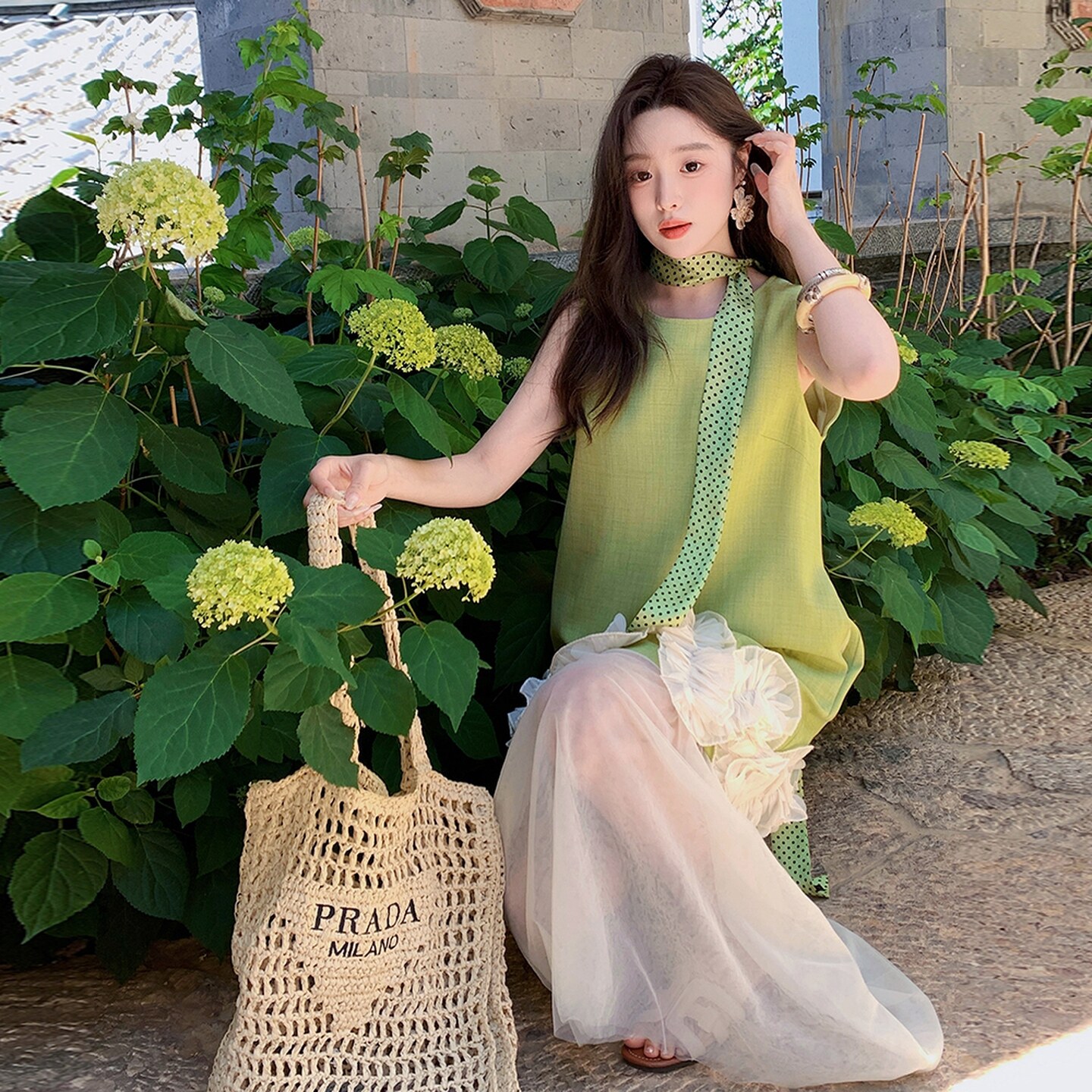 重工无袖立体花边拼接连衣裙女夏季2025甜美慵懒风撞色假两件长裙,女装连衣裙,2D008
