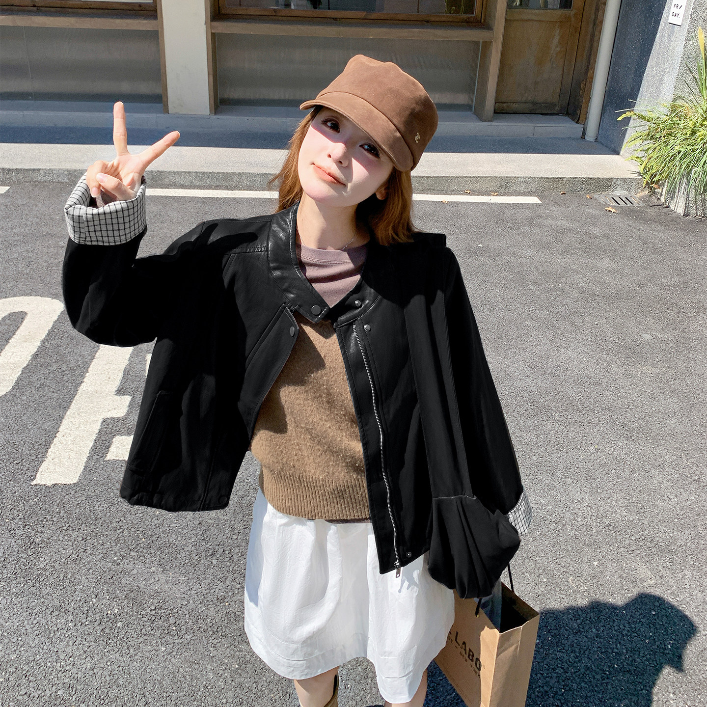 咖色甜酷风韩版皮衣夹克女秋季2025新款小个子休闲显瘦百搭短外套,女装皮衣,2C126