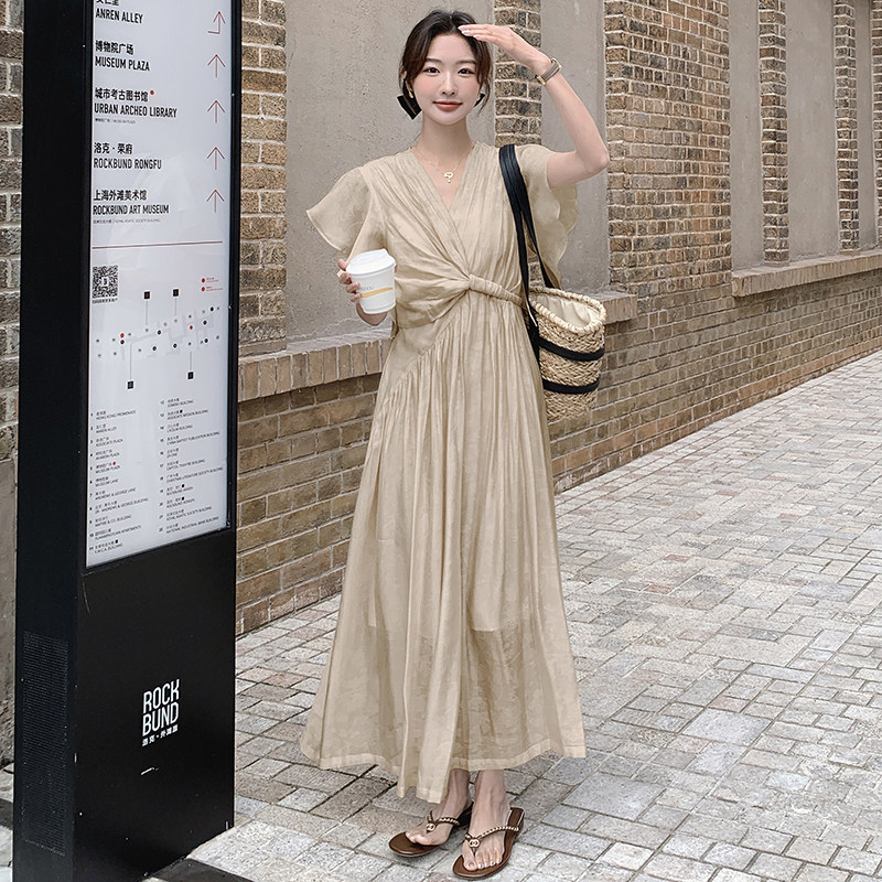 长袖高腰裙V领A字裙蝴蝶袖连衣裙裙子显瘦温婉风美式气质长裙白色,女装连衣裙,2C115