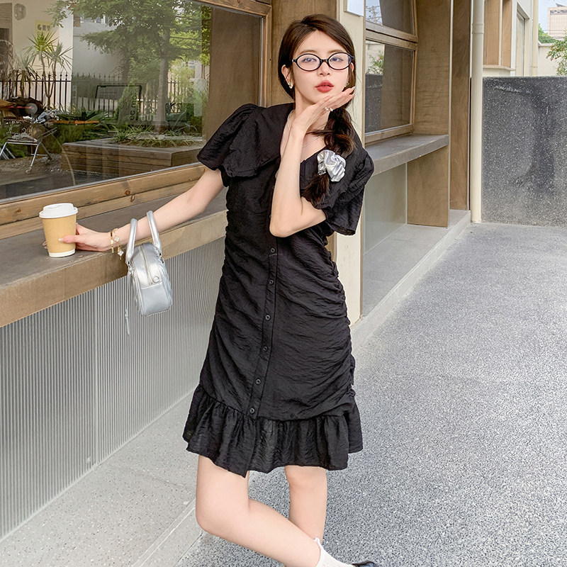 高品质2025春夏季新款连衣裙女夏小个子小众收腰显瘦小黑裙,女装连衣裙,2C222