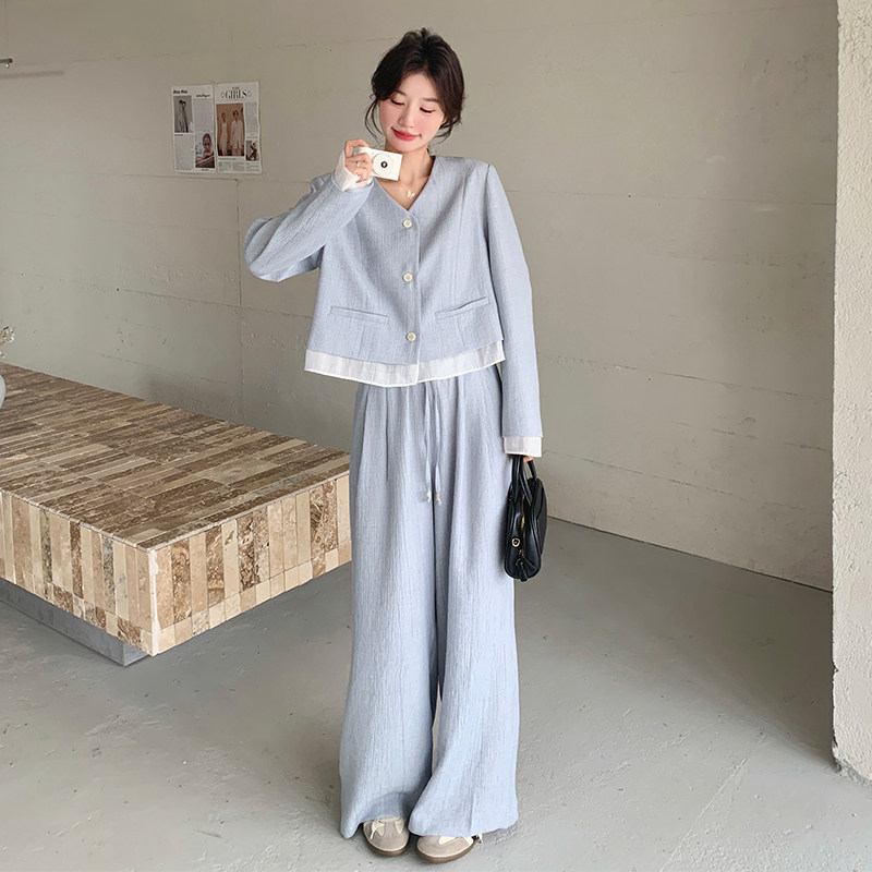 现货！2026秋装白色拼接蓝色休闲套装2C056-6887-P165控228,女装套装/套裙,2C056