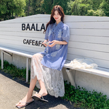 温柔系穿搭蓝色条纹刺绣衬衫裙套装女夏新款显瘦蕾丝吊带裙两件套，女装套装/套裙，2D078