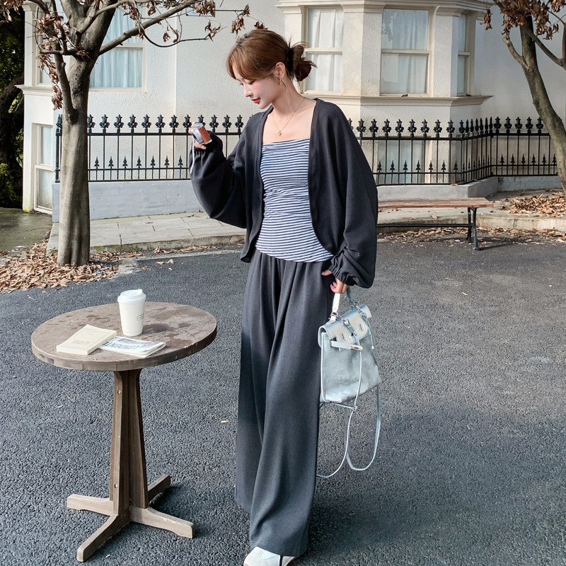 慵懒风宽松开衫条纹吊带休闲阔腿裤三件套女春秋新款松弛感穿搭潮,女装套装/套裙,2D013