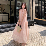 温柔度假风木耳边V领无袖粉色连衣裙女夏2025新款超好看长裙及踝，女装连衣裙，2C122