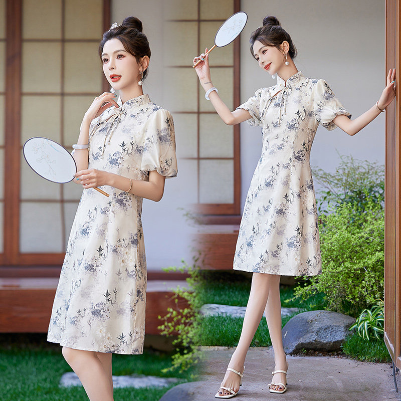 吾爱衣2407款碎花连衣裙女新中式改良旗袍洋气遮肉裙子,女装连衣裙,吾爱衣