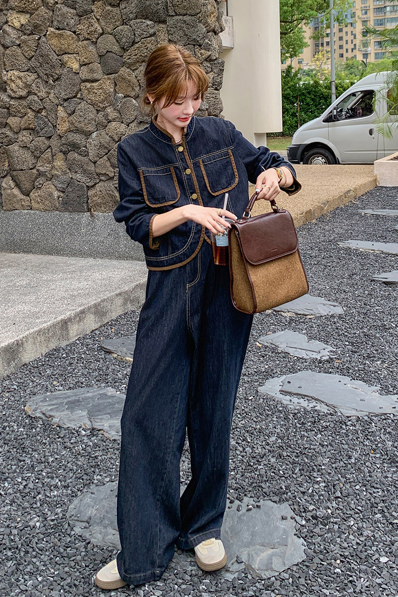 气质高级感牛仔套装裤女2025秋新款一整套穿搭拼色夹克宽松阔腿裤,女装套装/套裙,2C159