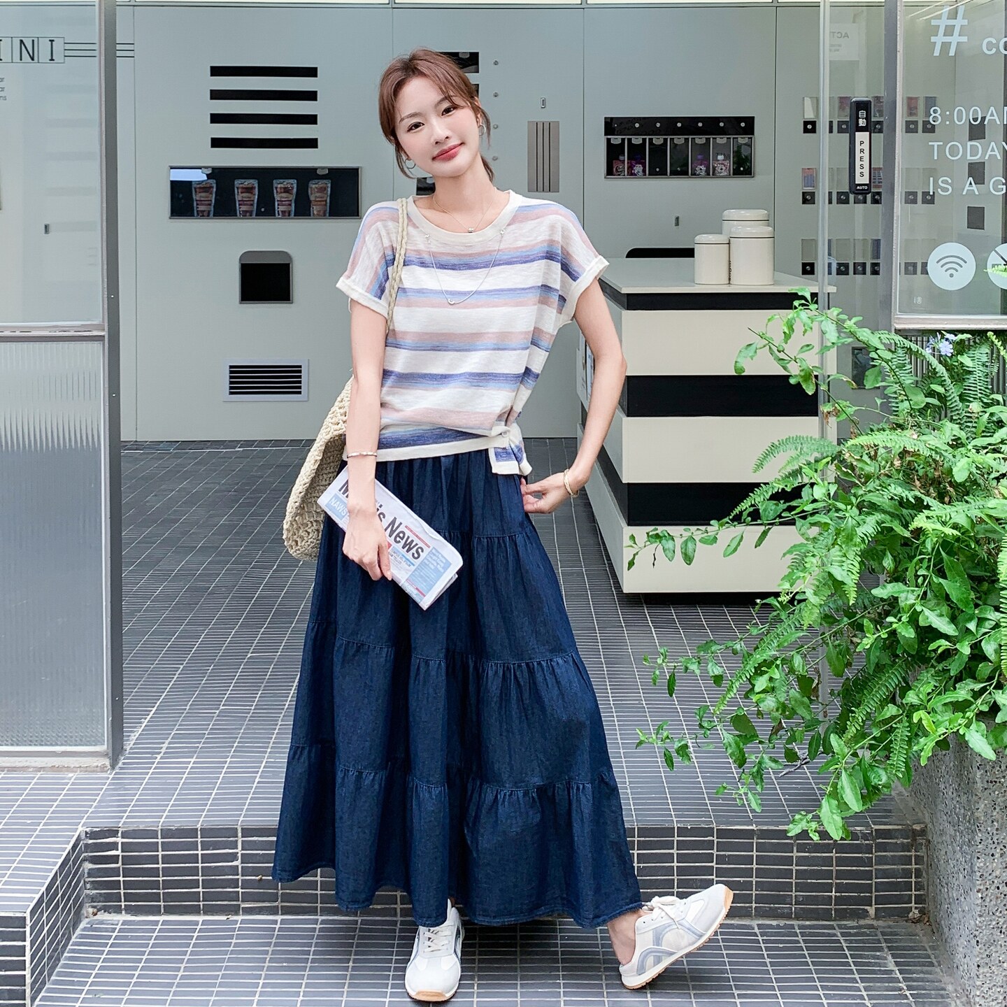 韩系穿搭一整套女夏季新款条纹短袖T恤上衣高腰显瘦半身裙两件套图片