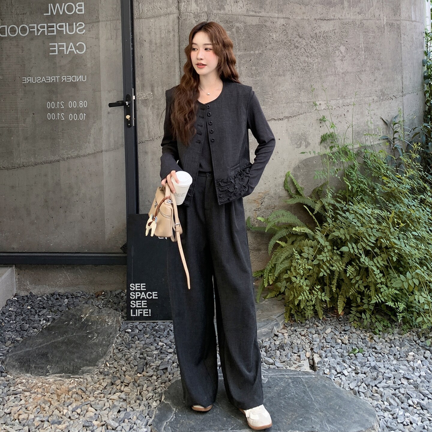 设计感木耳边马甲T恤套装女2025秋季新款港风显瘦阔腿裤三件套潮,女装套装/套裙,2C233