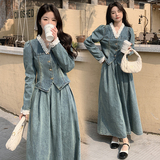 小香风v领牛仔连衣裙女夏薄款2025年新款法式超好看长裙两件套装，女装套装/套裙，2C255