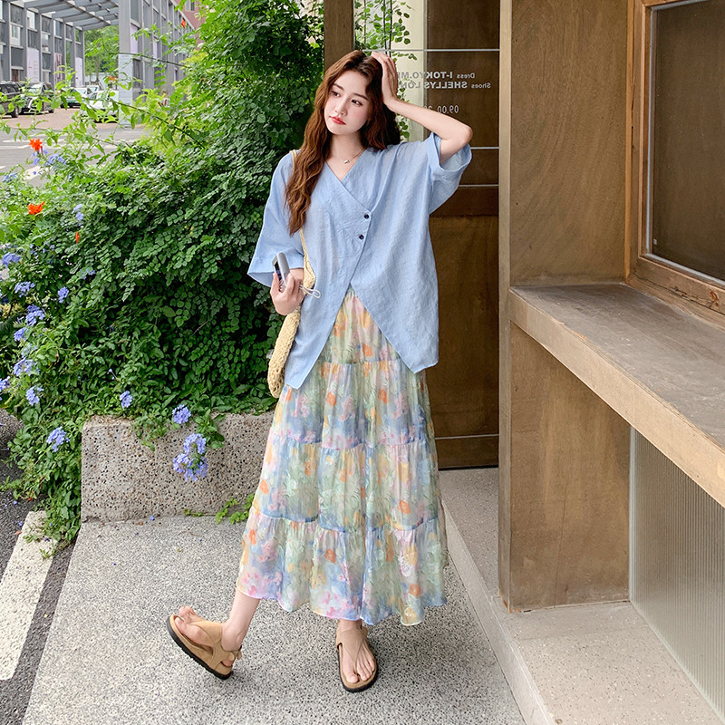 天丝衬衫碎花半身裙套装两件套女夏2025新款韩系漂亮油画印花长裙,女装套装/套裙,2C285