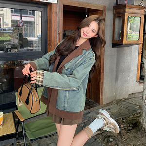蓝色复古设计感小众撞色拼接牛仔外套女2025秋季新款休闲洋气上衣图片