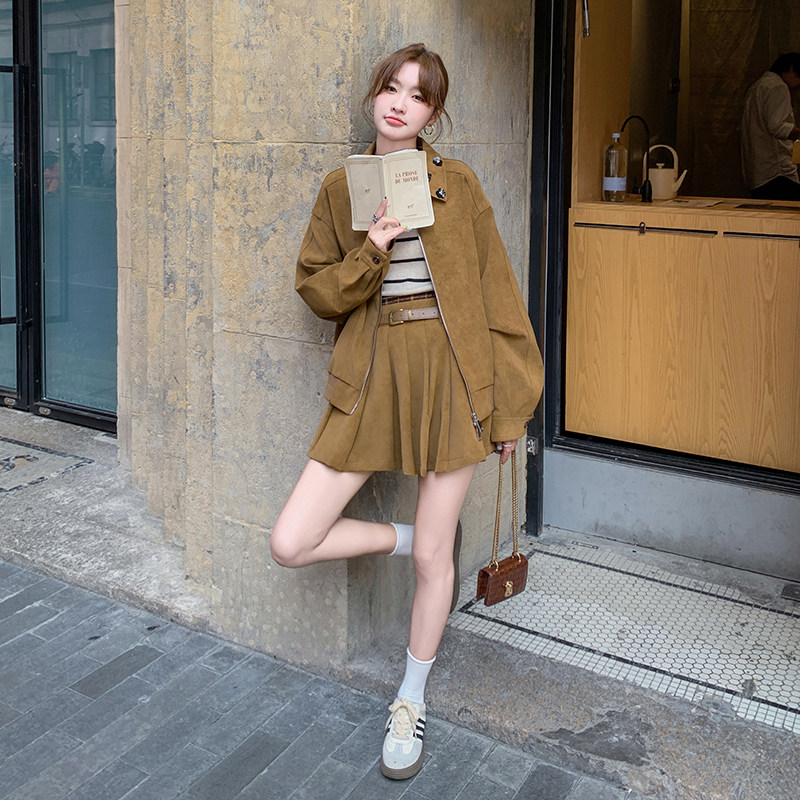 美拉德麂皮绒工装套装裙女秋季2025新款小个子流行漂亮百褶裙穿搭,女装套装/套裙,2C115