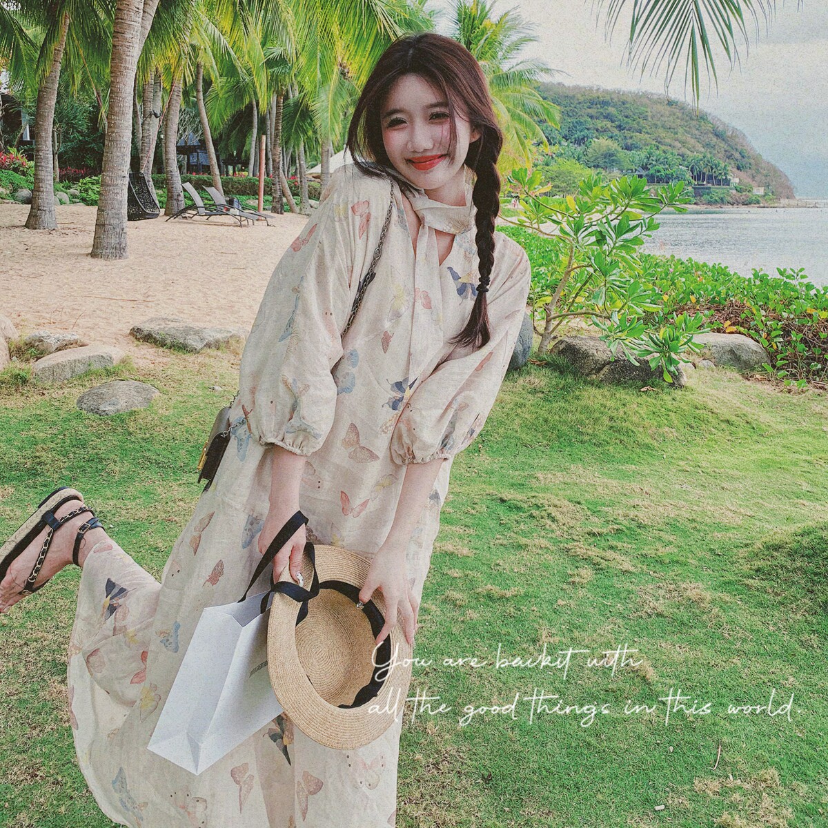 新中式蝴蝶印花连衣裙女2025春秋新款设计感国风休闲百搭气质裙子,女装连衣裙,2C137