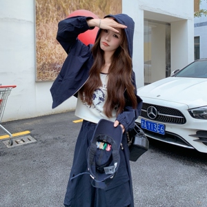 藏青松弛感系休闲运动套装女2026秋韩系连帽工装外套阔腿裤两件套图片
