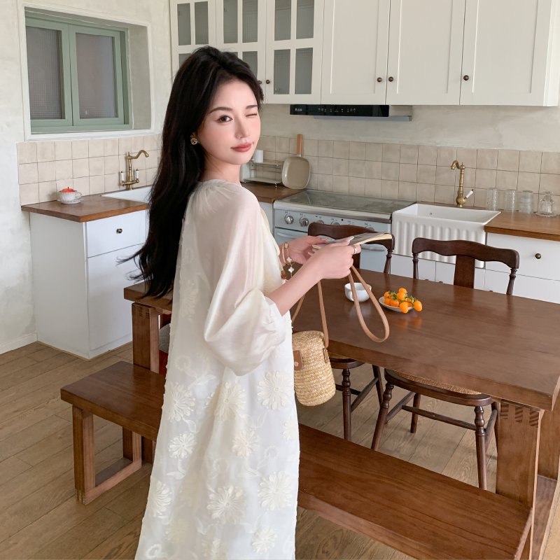 法式提花白色连衣裙女2025新款夏季小个子甜美减龄气质高级感长裙,女装连衣裙,2D146