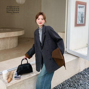 灰色韩系撞色针织披肩西装毛呢外套女秋冬2025新款轻熟风气质大衣图片