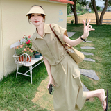 卡其色休闲设计感两件套连衣裙女夏季新款韩系松弛感通勤A字裙，女装套装/套裙，2C166