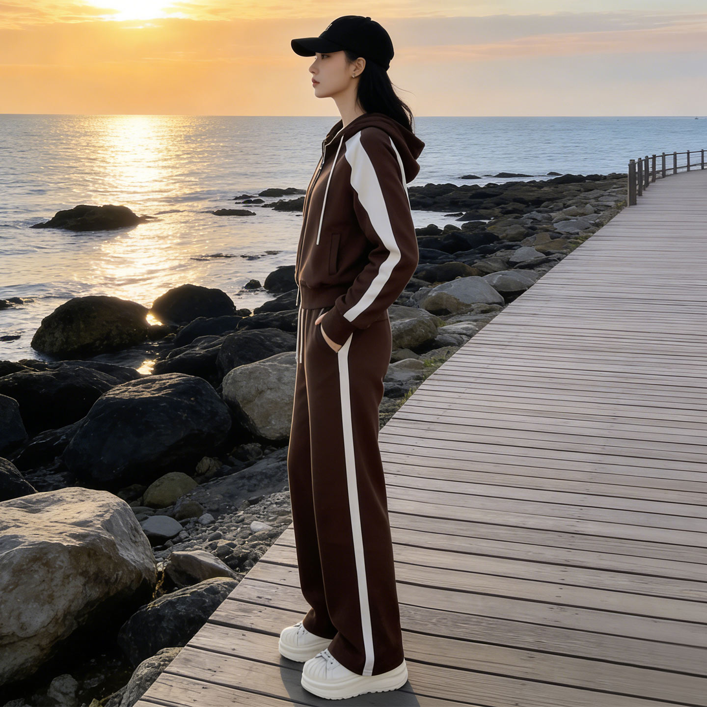 韩版气质运动套装女春季新款洋气减龄撞色连帽外套阔腿长裤两件套,女装套装/套裙,2C310