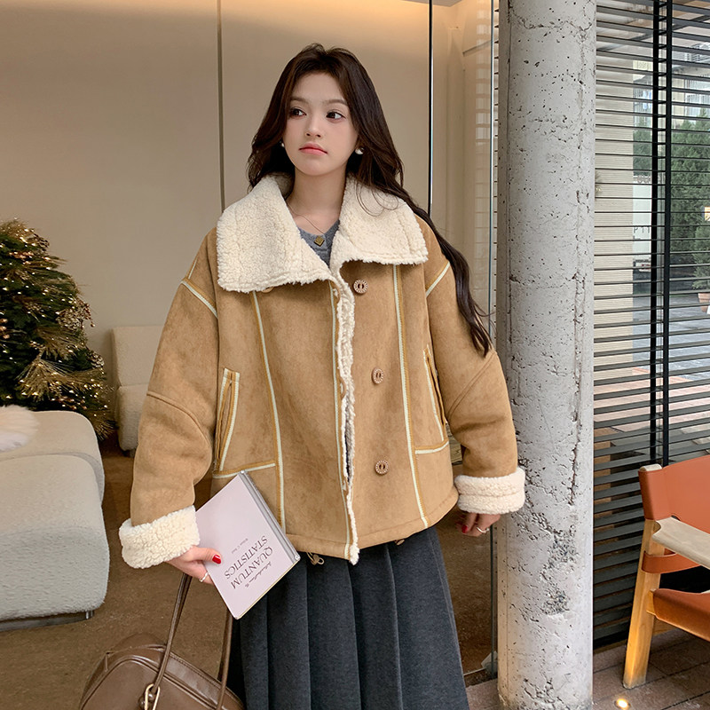 咖色复古麂皮绒皮毛一体羊羔毛短外套女2025冬新款小个子加厚上衣,女装短外套,2D035