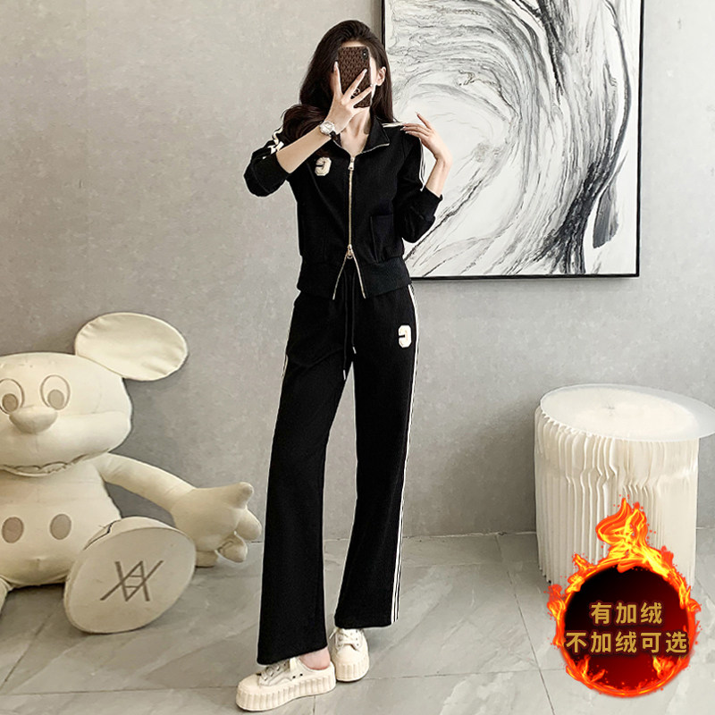 女秋冬季新款条纹开衫卫衣阔腿长裤两件套图片