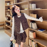 咖色复古印花小香风马甲套装裙女2025秋法式小个子减龄短裙三件套，女装套装/套裙，2C052