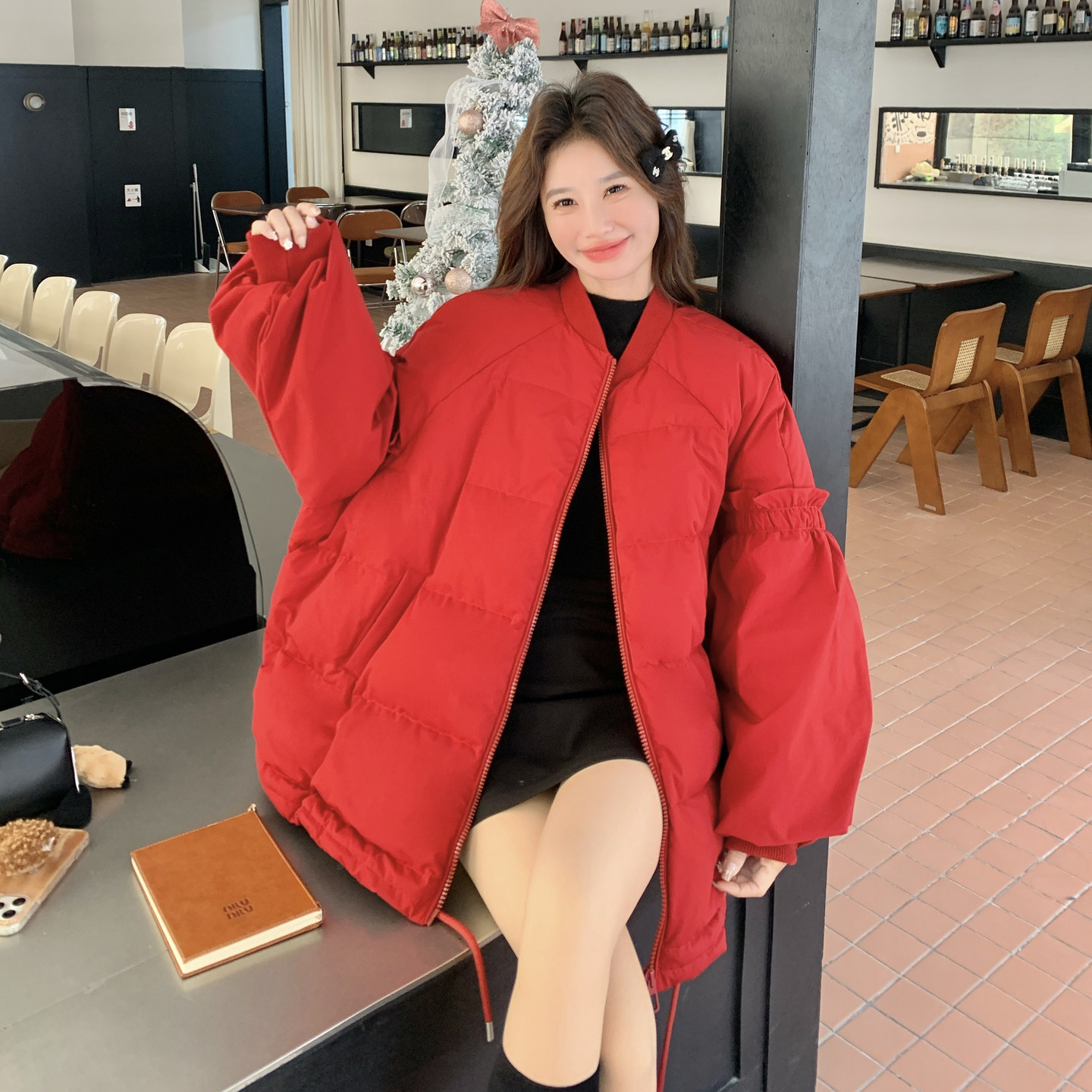 新年红色花边棒球羽绒服女2026新款韩版加厚宽松休闲90白鸭绒外套,女装羽绒服,2C166