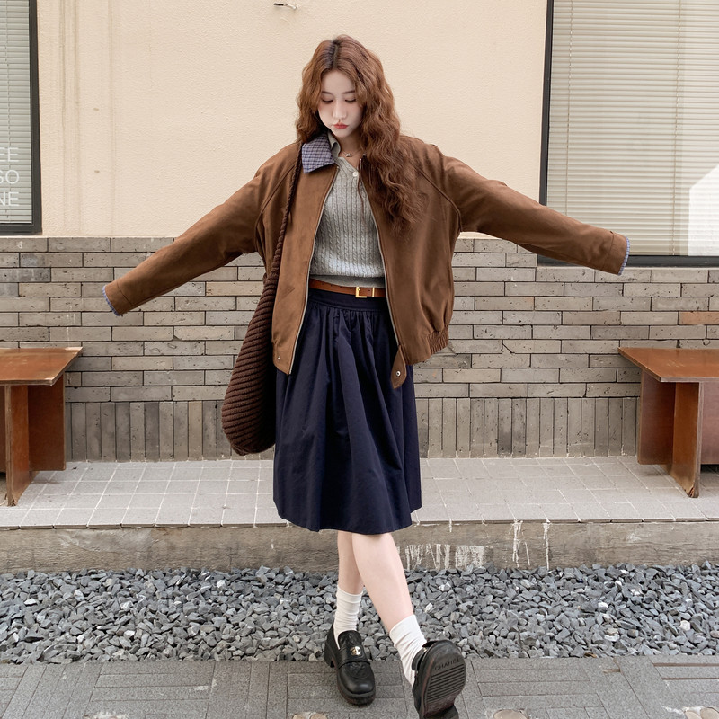 美拉德复古格子拼接麂皮绒外套女秋季2026新款宽松松弛感休闲夹克,女装短外套,2C159