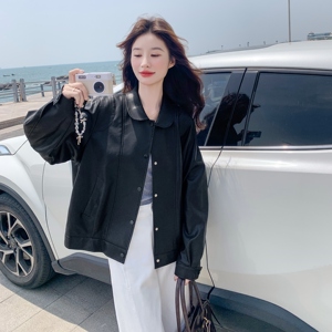 美式复古娃娃领皮衣外套女秋季2025新款黑色甜酷风简约皮夹克上衣图片