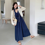 防晒开衫V领褶皱吊带连衣裙套装女2025夏季新款温柔风长裙两件套，女装套装/套裙，2C271