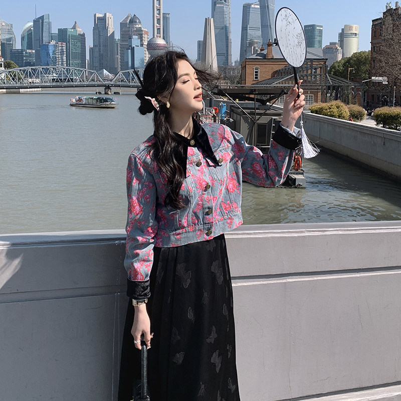 2025新款春季复古印花牛仔短外套,女装短外套,2C222