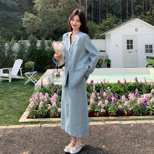 浅蓝色小香风西装套装女2025春季新款气质高级感时尚半身裙两件套图片