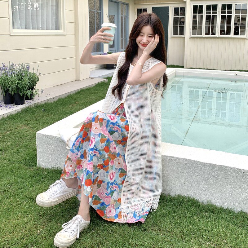 法式罩衫连衣裙套装女气质2025夏季新款镂空时尚宽松背心两件套,女装套装/套裙,2C117