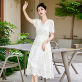 2025新款夏季女装V领木耳边显瘦减龄泡泡袖长款连衣裙，女装连衣裙，丽莎妳雅