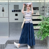 韩系穿搭一整套女夏季新款条纹短袖T恤上衣高腰显瘦半身裙两件套，女装套装/套裙，2C135