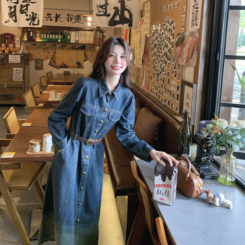 港风复古气质渐变牛仔连衣裙女2025春秋季新款法式收腰显瘦长裙子,女装连衣裙,2C266