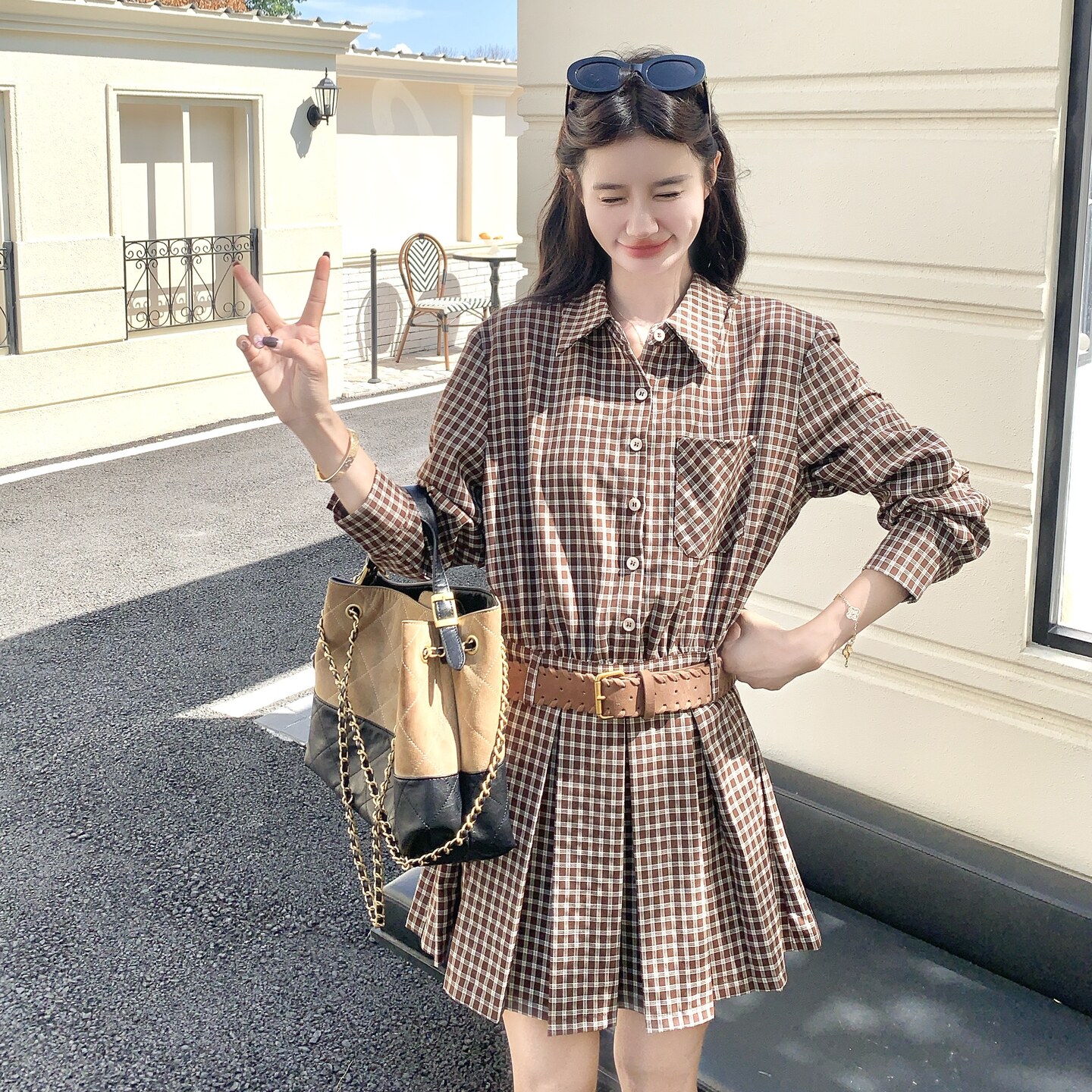 学院风格子衬衫套装女2025秋季新款韩系小个子气质减龄短裙两件套,女装套装/套裙,2C012