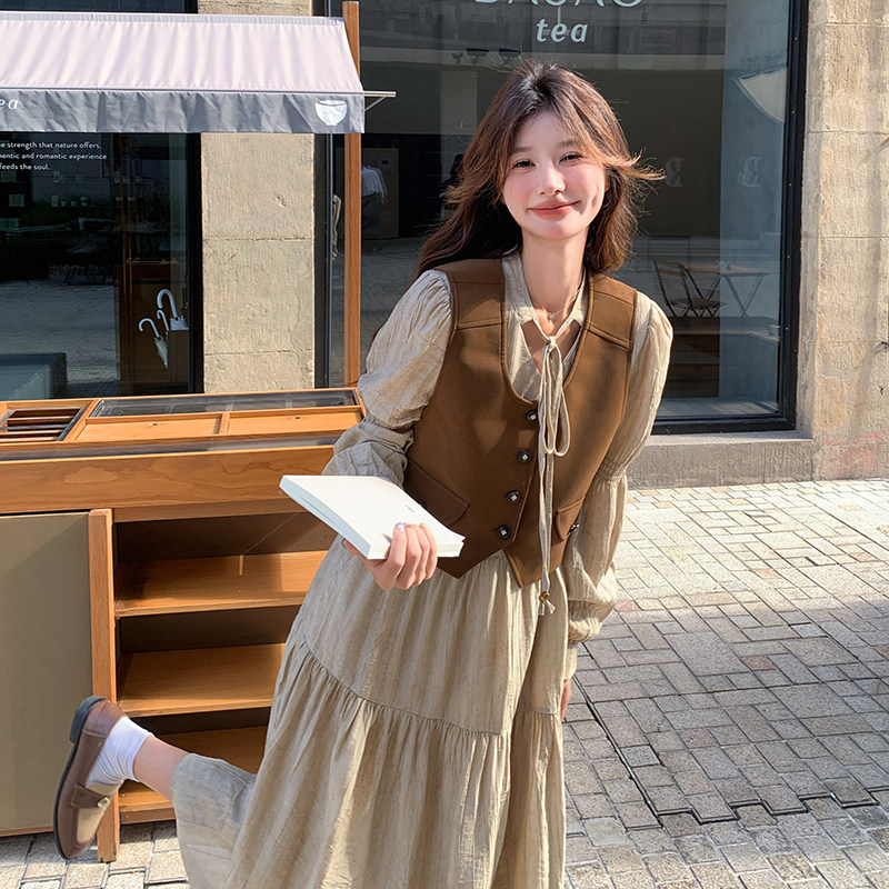 独特漂亮两件套裙女2025秋季新款设计感小马甲气质镂空领结连衣裙,女装连衣裙,2C135