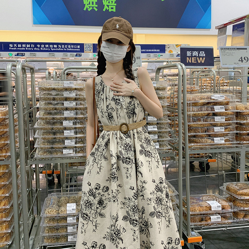 (现货)复古水墨画背心裙有里布配腰带2C373-D0913-P125-控178,女装连衣裙,2C373