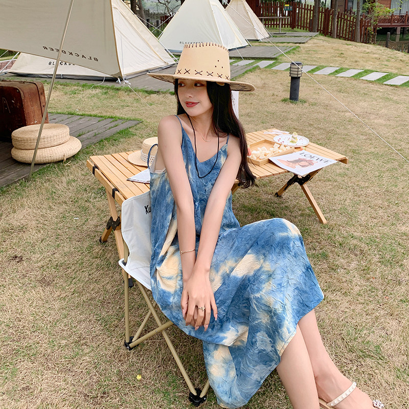 水墨扎染吊带沙滩连衣裙P70K108,女装连衣裙,2C333