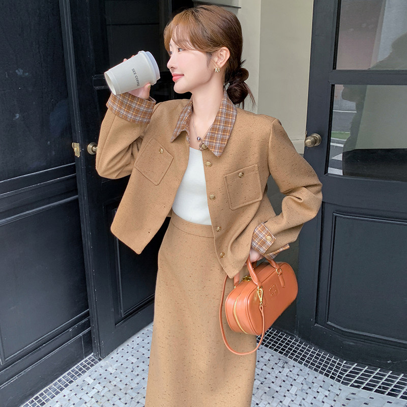 卡其色韩系小香风毛呢套装裙女春秋2026新款气质轻熟半身裙两件套,女装套装/套裙,2C166