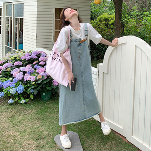 学院风牛仔背带裙套装女2025年夏季新款韩版宽松减龄连衣裙两件套图片