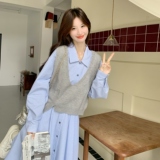 现货新款条纹衬衫长裙+毛线背心两件套25076P155K238，女装套装/套裙，2D035